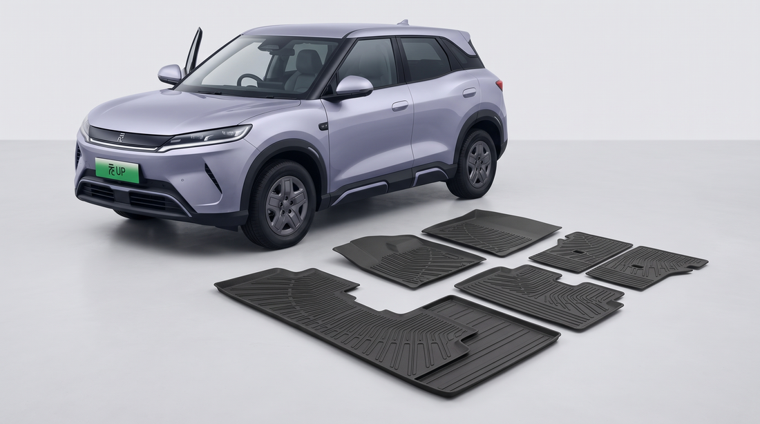 BYD ATTO 2 floor mats and cargo liner arranged beside the vehicle