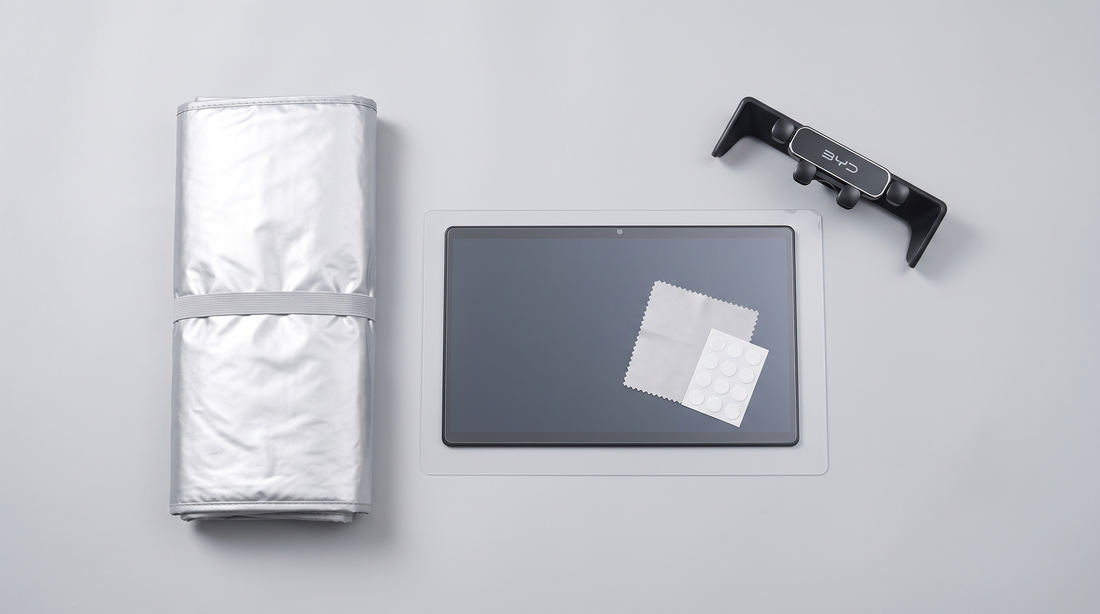 Sunshade and screen protector accessories for a BYD Dolphin Surf hot-weather setup