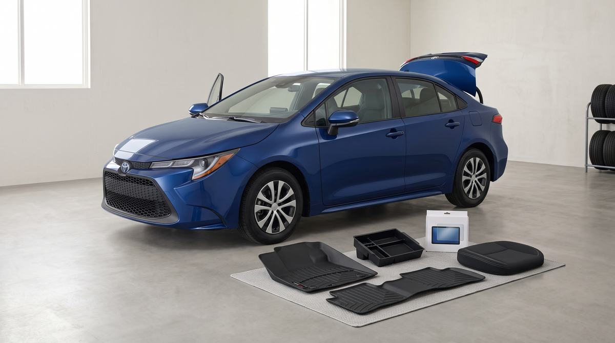 Practical accessories arranged beside a compact BYD Seal 5 DM-i sedan