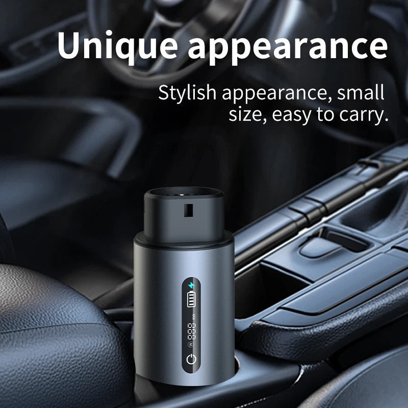 Car charger in a car's cup holder with text highlighting its unique appearance.