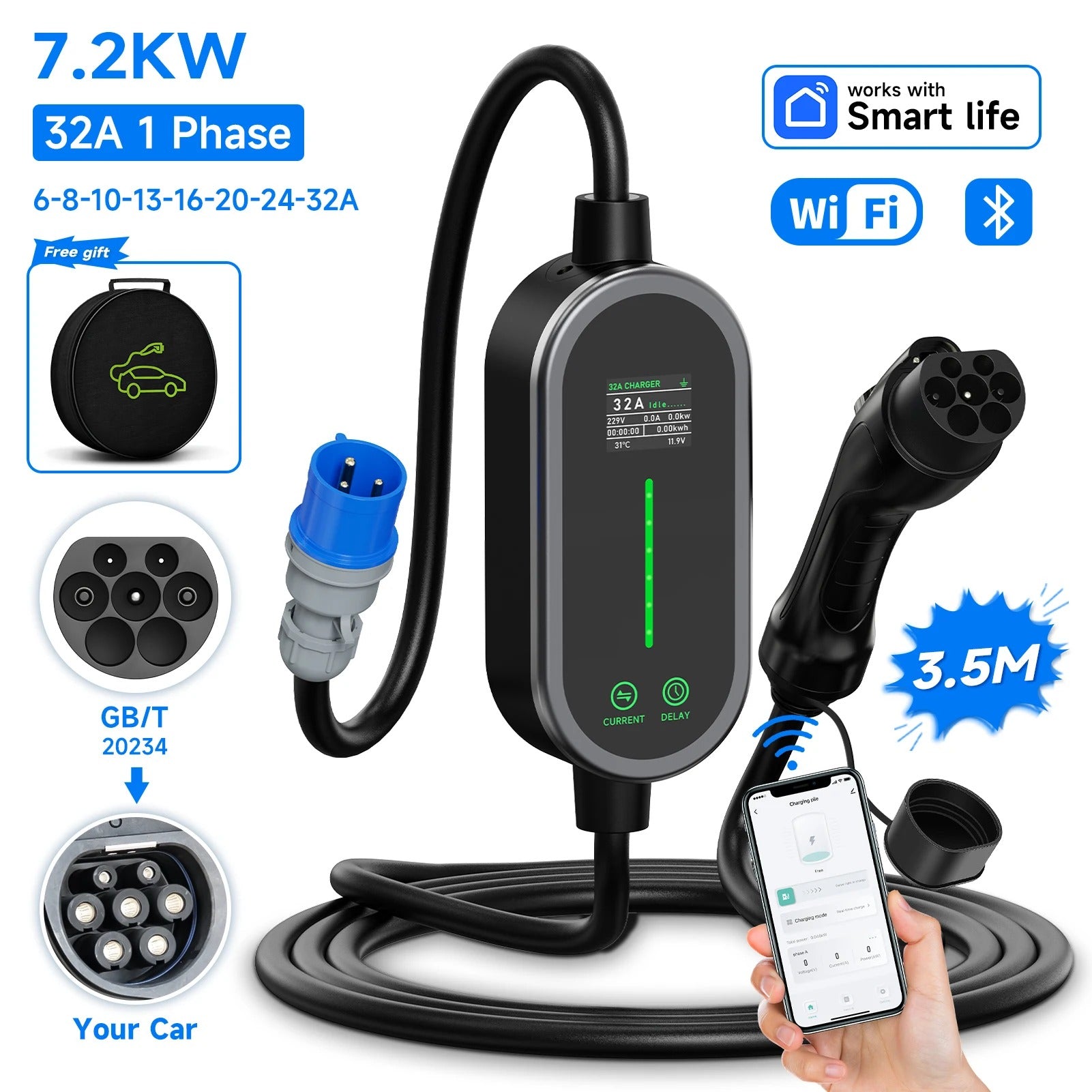 Portable EV Charger 7.2KW 32A 1Phase Wallbox