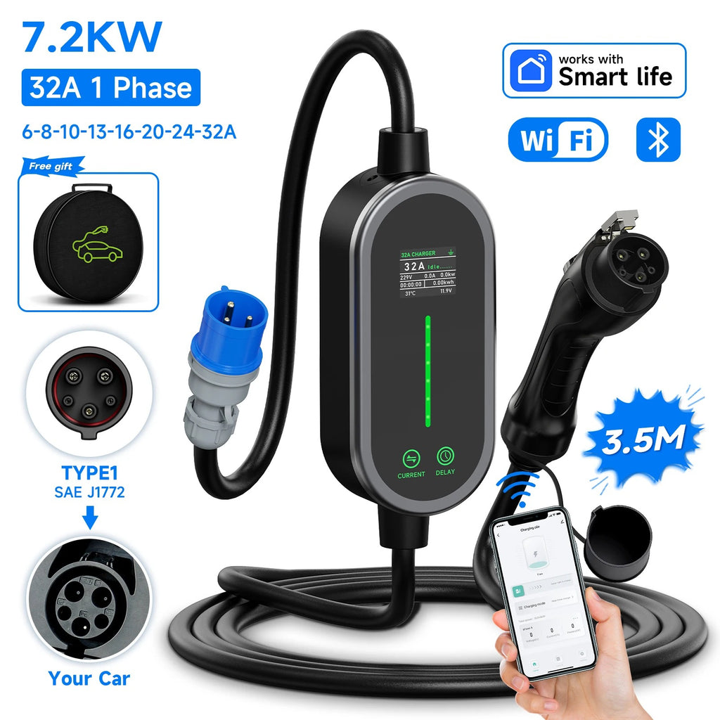 Portable EV Charger 7.2KW 32A 1Phase Wallbox
