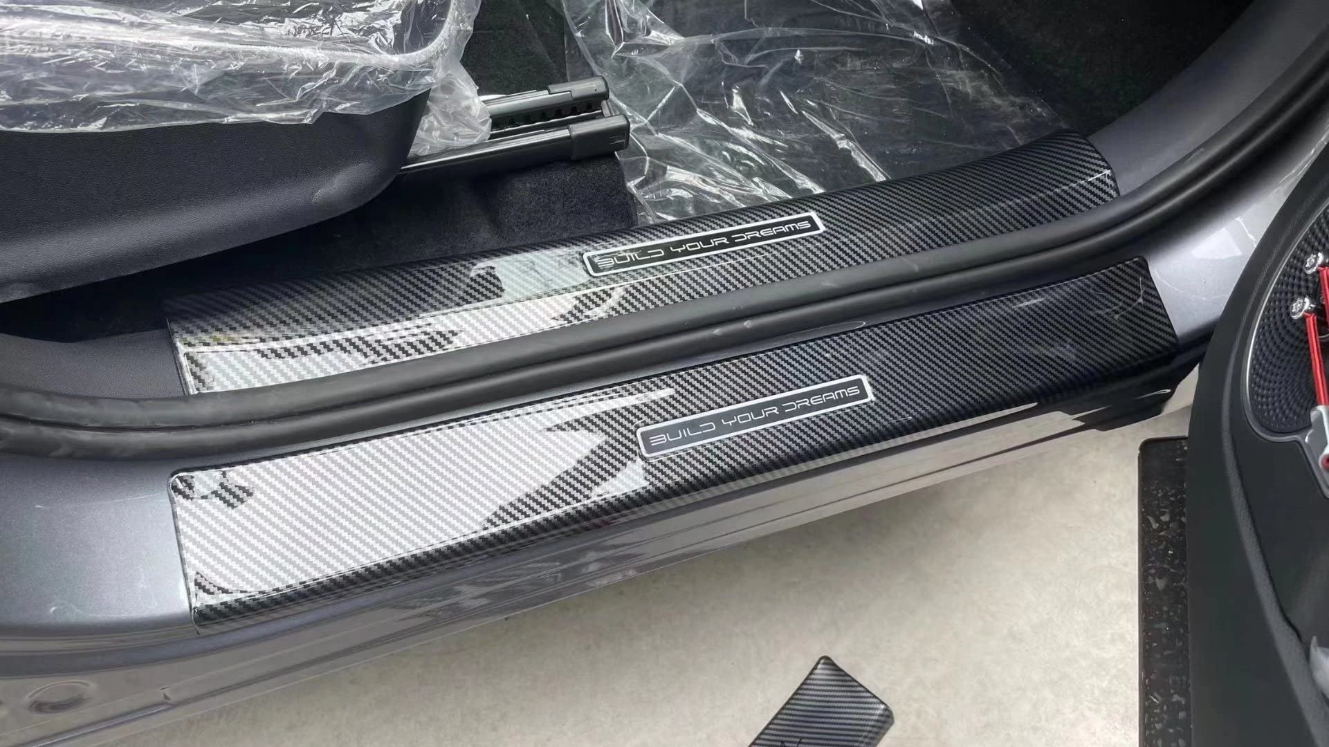 4 protectores de umbral de puerta de coche para BYD ATTO, 3 protectores de borde de puerta de coche con cinta de cuero de fibra. 