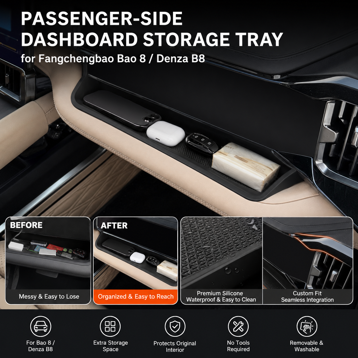 Silicone Passenger-Side Dashboard Storage Tray for Fangchengbao Bao 8