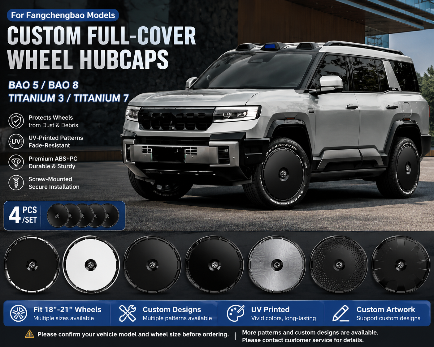 Custom Full Cover Wheel Hubcaps for Fangchengbao Bao 5 Bao 8 Titanium 3 and Titanium 7 Set of 4