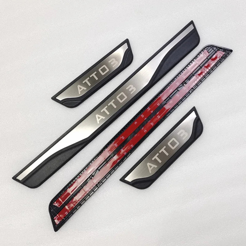 4 protectores de umbral de puerta de coche para BYD ATTO, 3 protectores de borde de puerta de coche con cinta de cuero de fibra. 