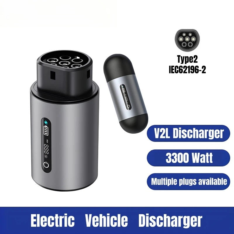 Electric vehicle discharger with specifications on a white background
