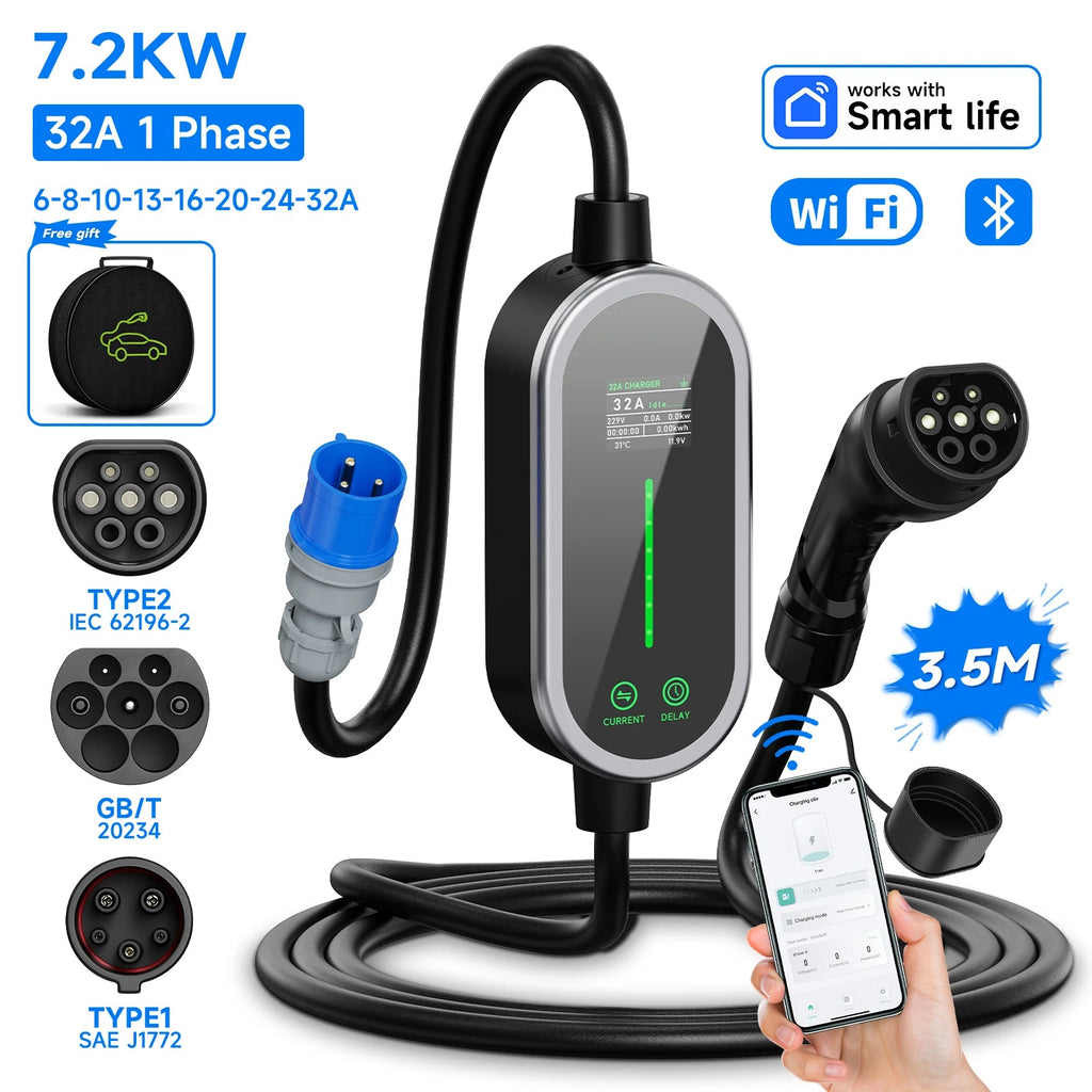 Portable EV Charger 7.2KW 32A 1Phase Wallbox